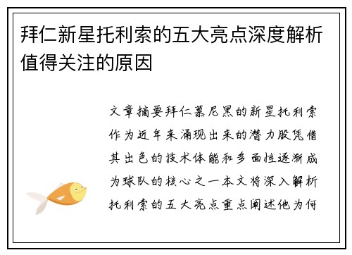 拜仁新星托利索的五大亮点深度解析值得关注的原因 拜仁新星托利索的五大亮点深度解析值得关注的原因