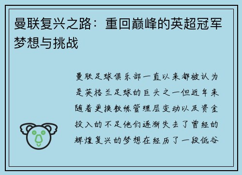 曼联复兴之路：重回巅峰的英超冠军梦想与挑战