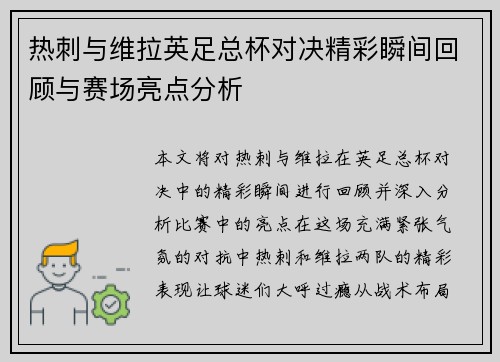 热刺与维拉英足总杯对决精彩瞬间回顾与赛场亮点分析