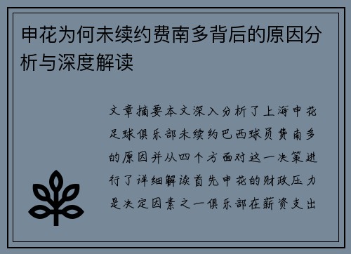申花为何未续约费南多背后的原因分析与深度解读