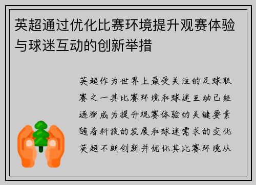 英超通过优化比赛环境提升观赛体验与球迷互动的创新举措