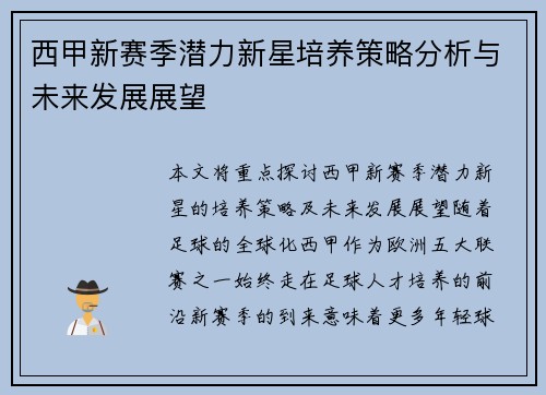 西甲新赛季潜力新星培养策略分析与未来发展展望